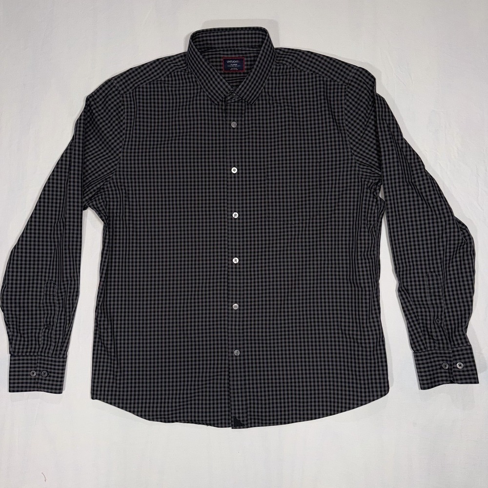 Untuckit Alberdi Men's Button-Up Shirt Size XL Gray Black Gingham Long Sleeve
